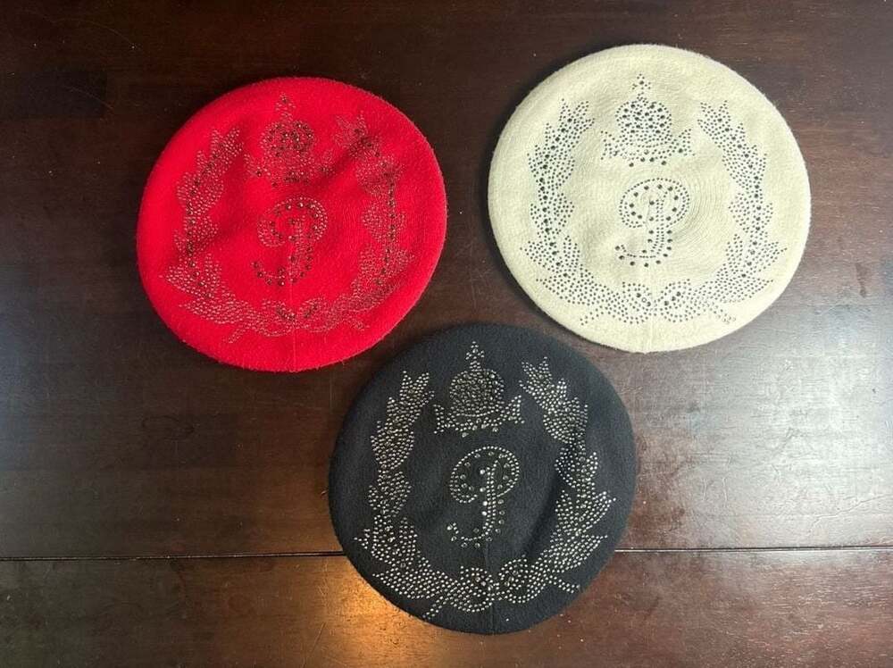 3 Fashion Embellished French Berets Women 2 Layers Wool Red, White, Black